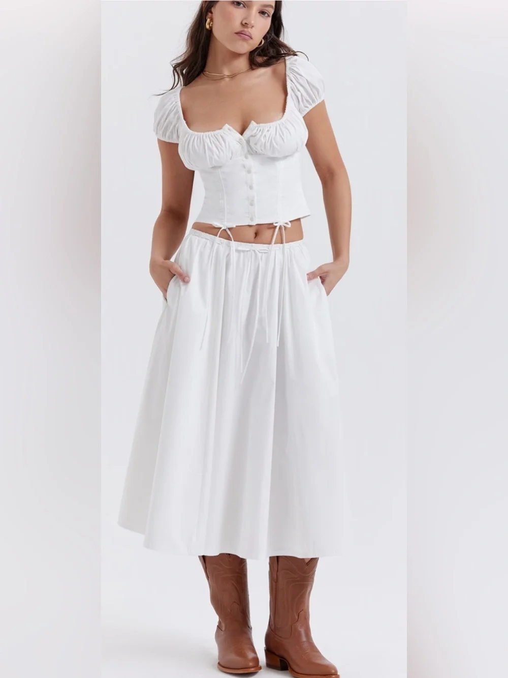 NWOT House of CB Kitty White Puff Sleeve Corset Top, Size Large
